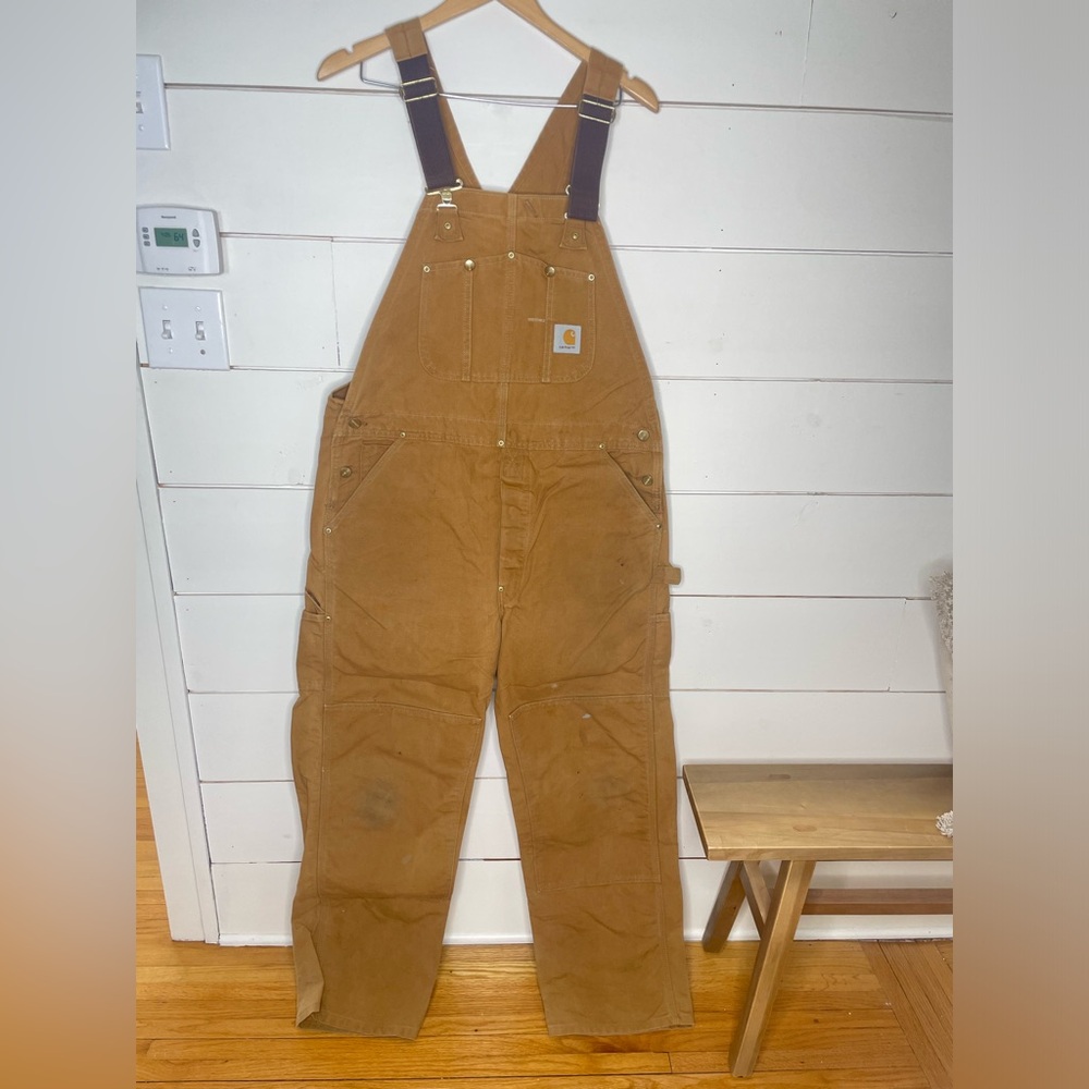 VINTAGE 1980S CARHARTT BEIGE CANVAS DOUBLE KNEE OVERALLS MEN'S 40 X 30.5